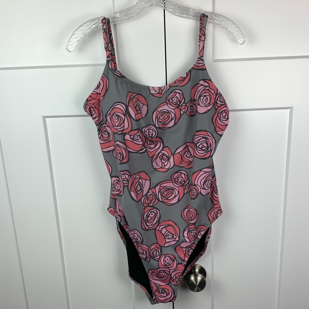 Garnet Hill Size 14 Floral Pink Rose One Piece Swimsuit